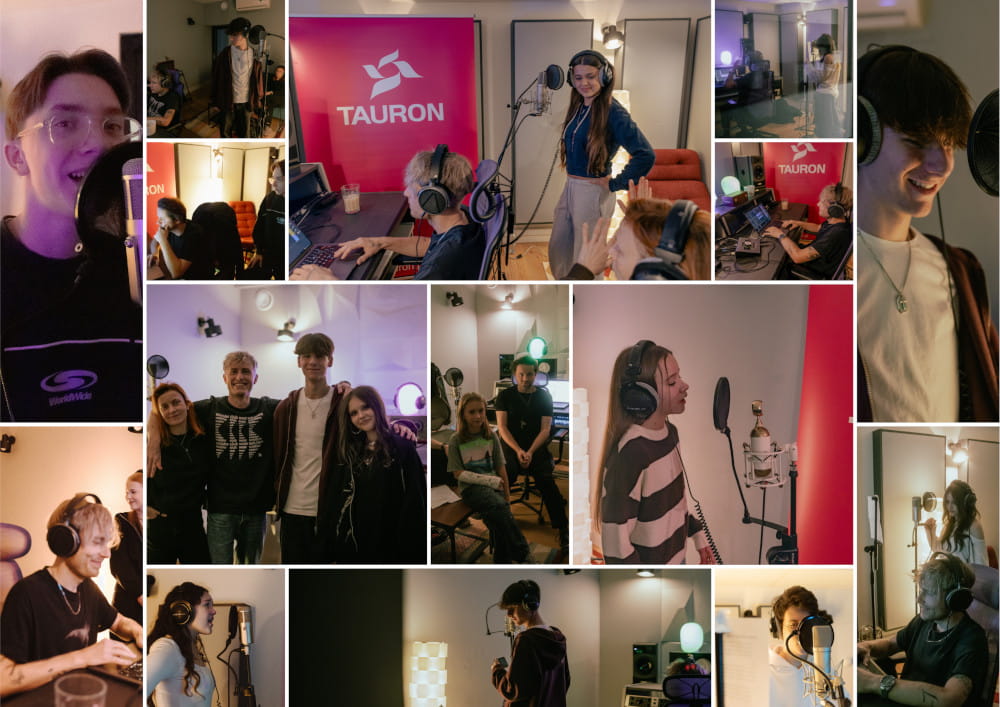 plakat w gradientowym kolorze, na pierwszym planie chłopiec z gitarą oraz dziewczyna z mikrofonem, poniżej garść informacji na temat konkursu TAURON Music Star wraz z kodem QR